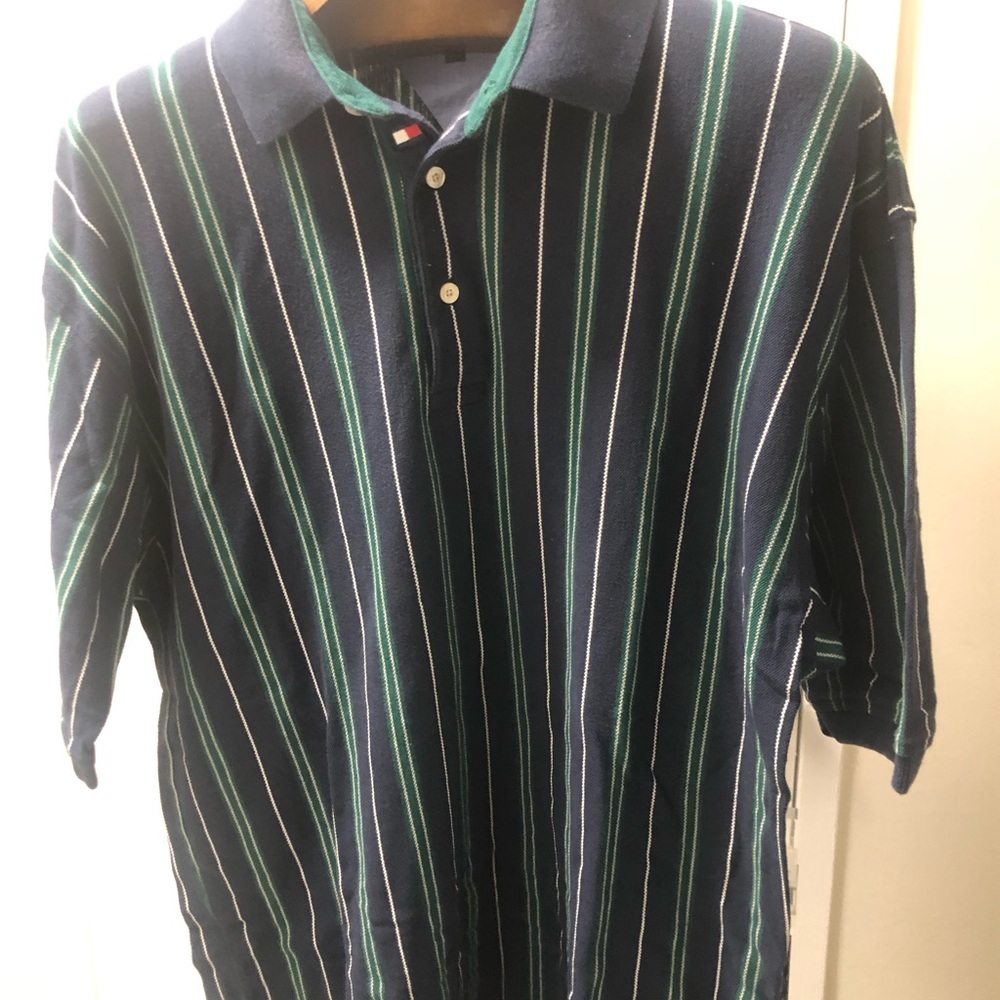 Tommy Hilfiger Navy Polo with Green and White Stripes